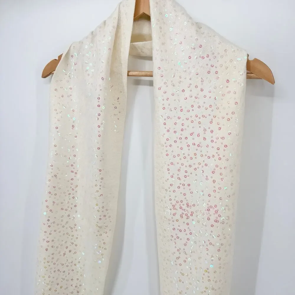Cream Sequin Knit Scarf Soft Sparkle Ruffle Fringe Winter Wrap Cozy Ivory